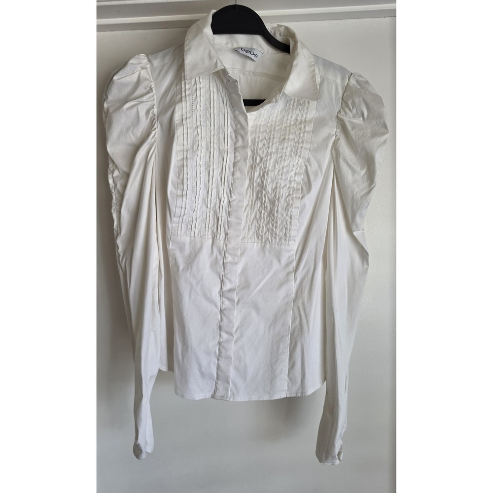 Bebe Victorian Blouse Women White Collared Long Sleeve Button-Up Shirt Classic
